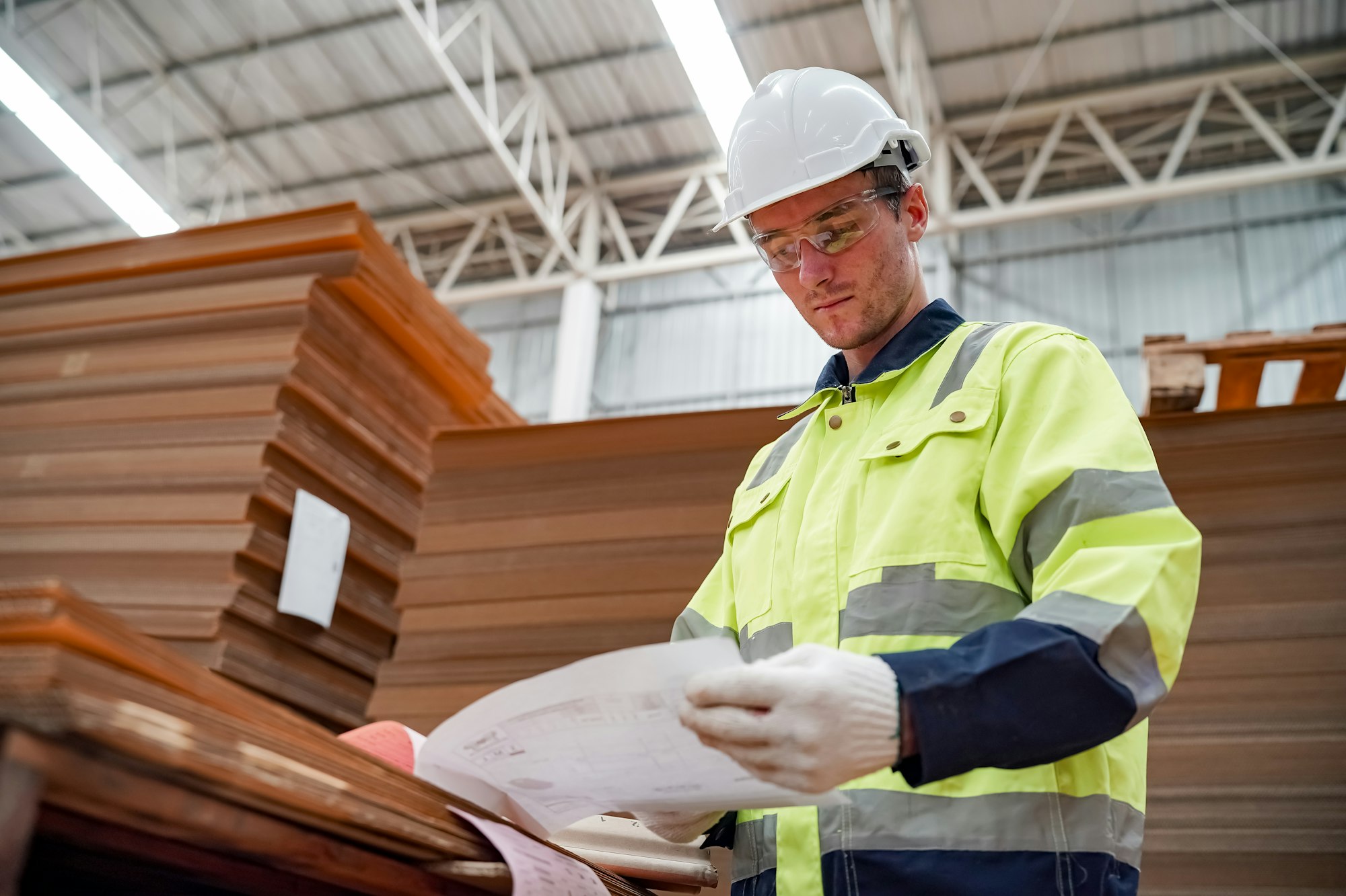 Warehouse Industrial supply chain and Logistics Companies inside. workers on inventory check.