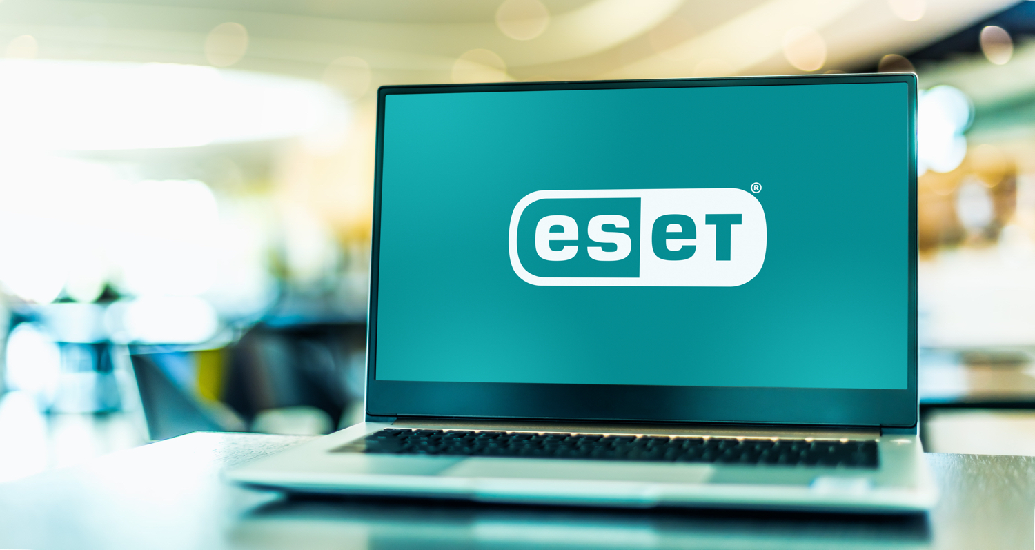 POZNAN, POL - MAR 15, 2021: Laptop computer displaying logo of ESET, a Slovak internet security company that offers anti-virus and firewall products