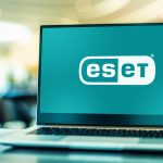 POZNAN, POL - MAR 15, 2021: Laptop computer displaying logo of ESET, a Slovak internet security company that offers anti-virus and firewall products
